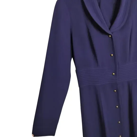 5066)Vtg David Warren Old Money Navy Button Up Size 8 Long Sleeve Maxi Dress - Picture 4 of 10